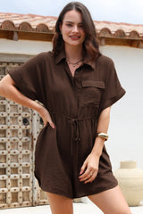 Brienne Playsuit - Collared Pull Tie Waist Playsuit with Pockets in Chocolate