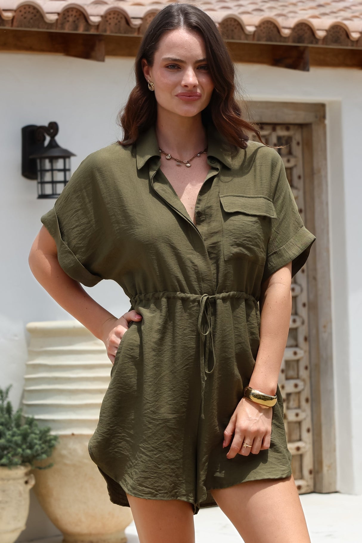 Brienne Playsuit - Collared Pull Tie Waist Playsuit with Pockets in Khaki