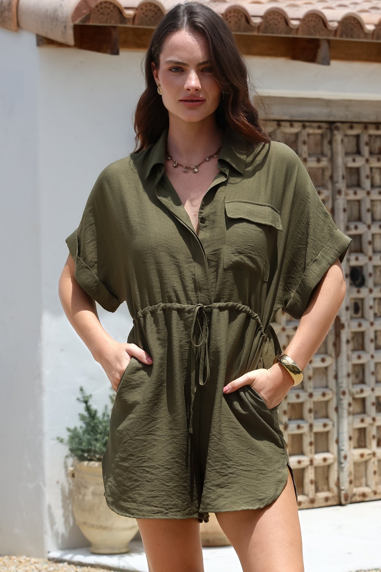 Brienne Playsuit - Collared Pull Tie Waist Playsuit with Pockets in Khaki