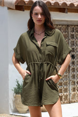 Brienne Playsuit - Collared Pull Tie Waist Playsuit with Pockets in Khaki