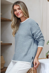 Brighton Jumper - Crew Neck Contrast Trim Step Hem Knit in Light Blue