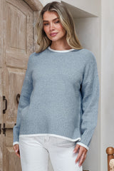Brighton Jumper - Crew Neck Contrast Trim Step Hem Knit in Light Blue