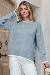 Brighton Jumper - Crew Neck Contrast Trim Step Hem Knit in Light Blue