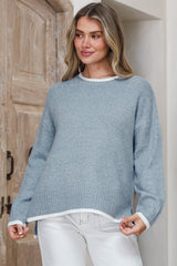 Brighton Jumper - Crew Neck Contrast Trim Step Hem Knit in Light Blue