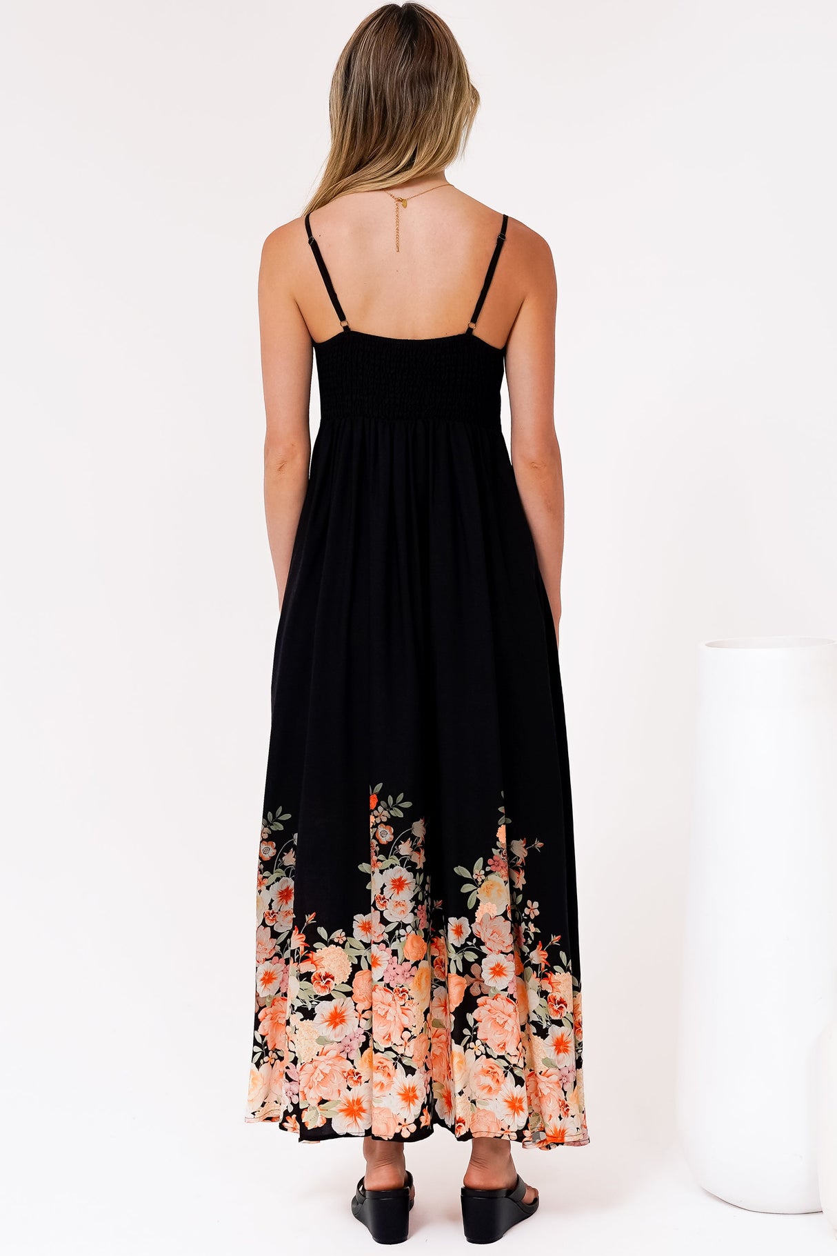 Brigitte Maxi Dress - A-Line Sun Dress with Adjustable Spaghetti Straps in Florence Print Black