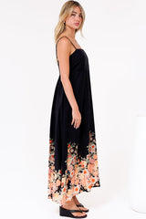 Brigitte Maxi Dress - A-Line Sun Dress with Adjustable Spaghetti Straps in Florence Print Black