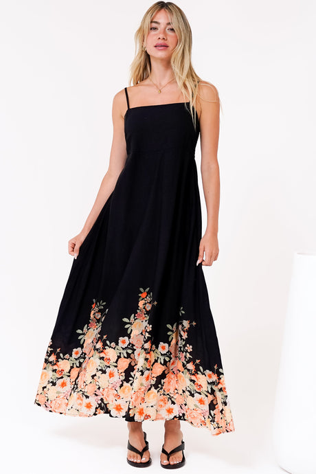 Brigitte Maxi Dress - A-Line Sun Dress with Adjustable Spaghetti Straps in Florence Print Black