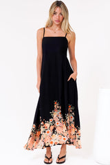 Brigitte Maxi Dress - A-Line Sun Dress with Adjustable Spaghetti Straps in Florence Print Black