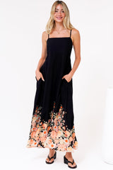 Brigitte Maxi Dress - A-Line Sun Dress with Adjustable Spaghetti Straps in Florence Print Black