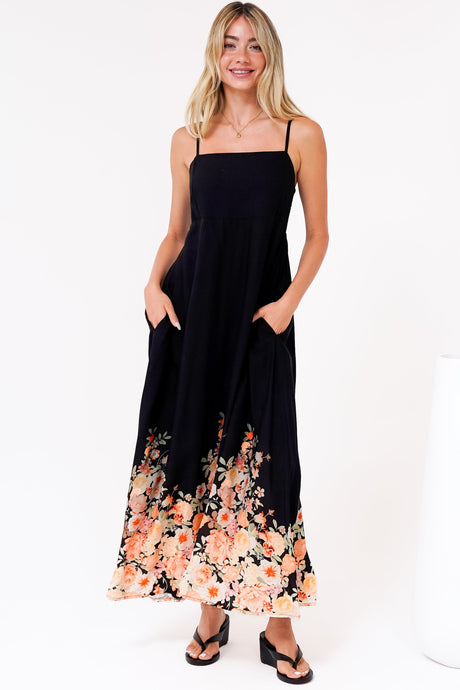 Brigitte Maxi Dress - A-Line Sun Dress with Adjustable Spaghetti Straps in Florence Print Black