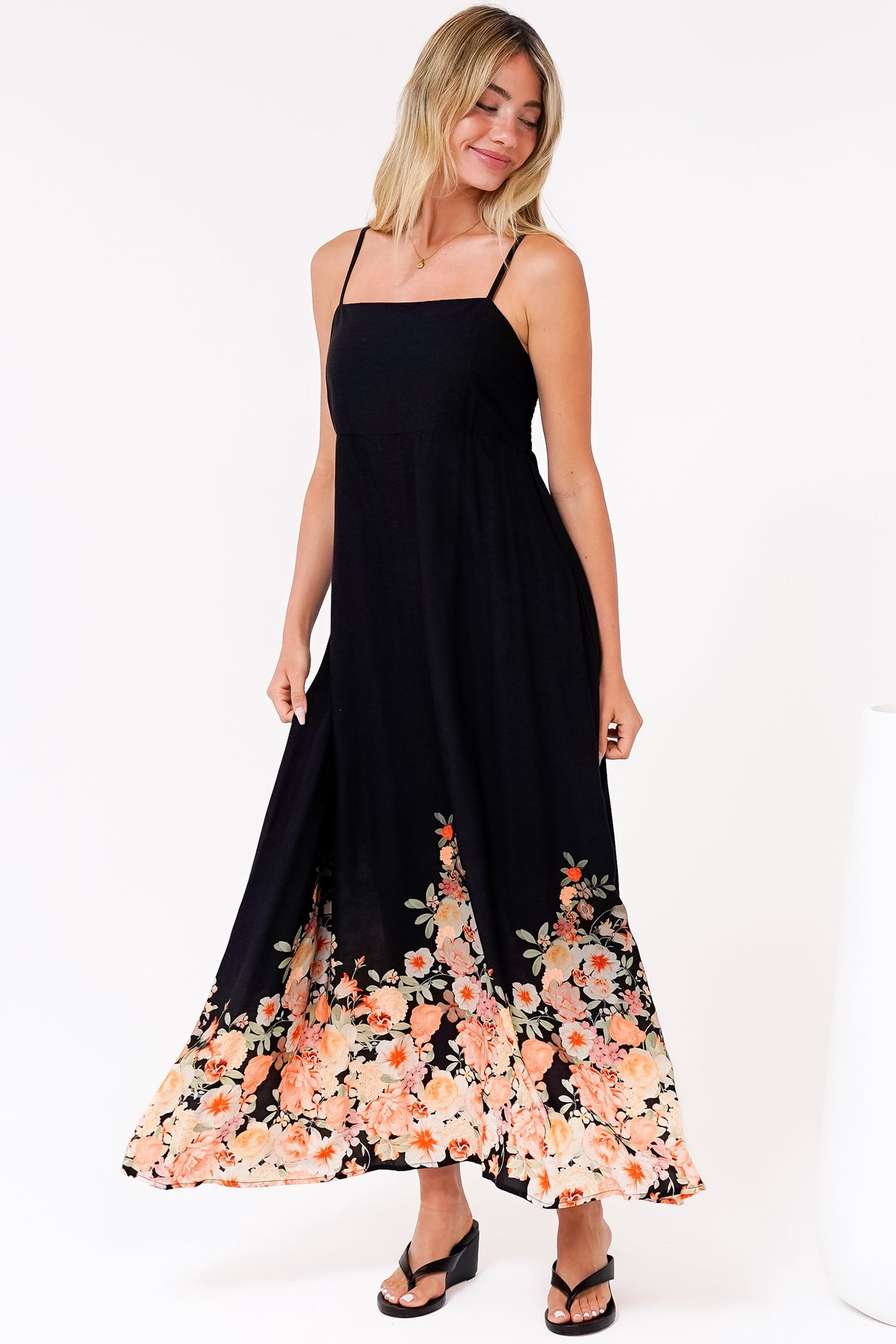 Brigitte Maxi Dress - A-Line Sun Dress with Adjustable Spaghetti Straps in Florence Print Black