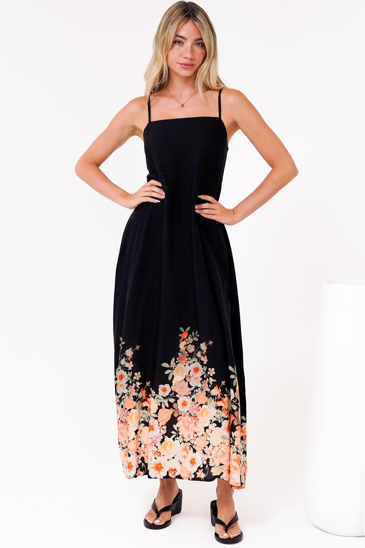 Brigitte Maxi Dress - A-Line Sun Dress with Adjustable Spaghetti Straps in Florence Print Black