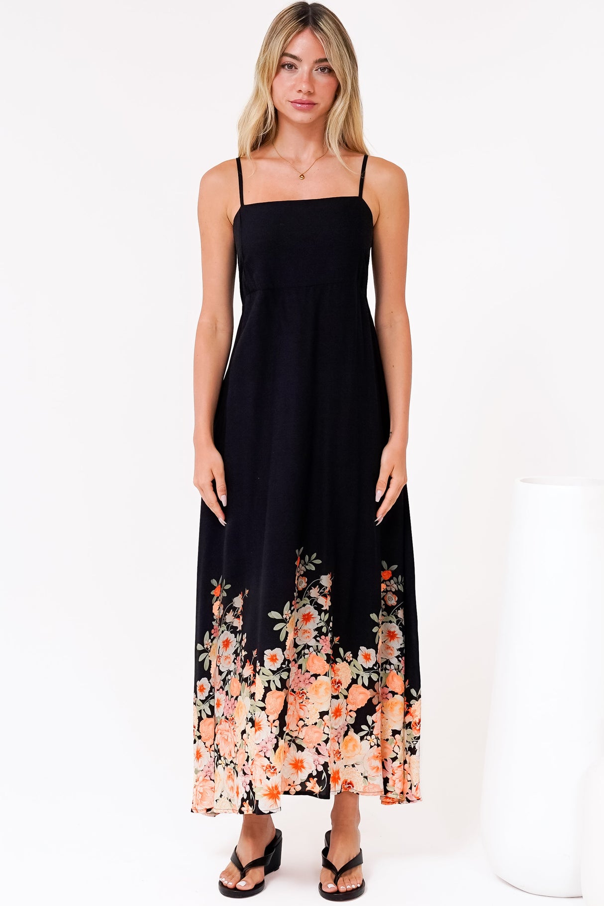 Brigitte Maxi Dress - A-Line Sun Dress with Adjustable Spaghetti Straps in Florence Print Black