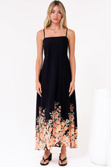 Brigitte Maxi Dress - A-Line Sun Dress with Adjustable Spaghetti Straps in Florence Print Black