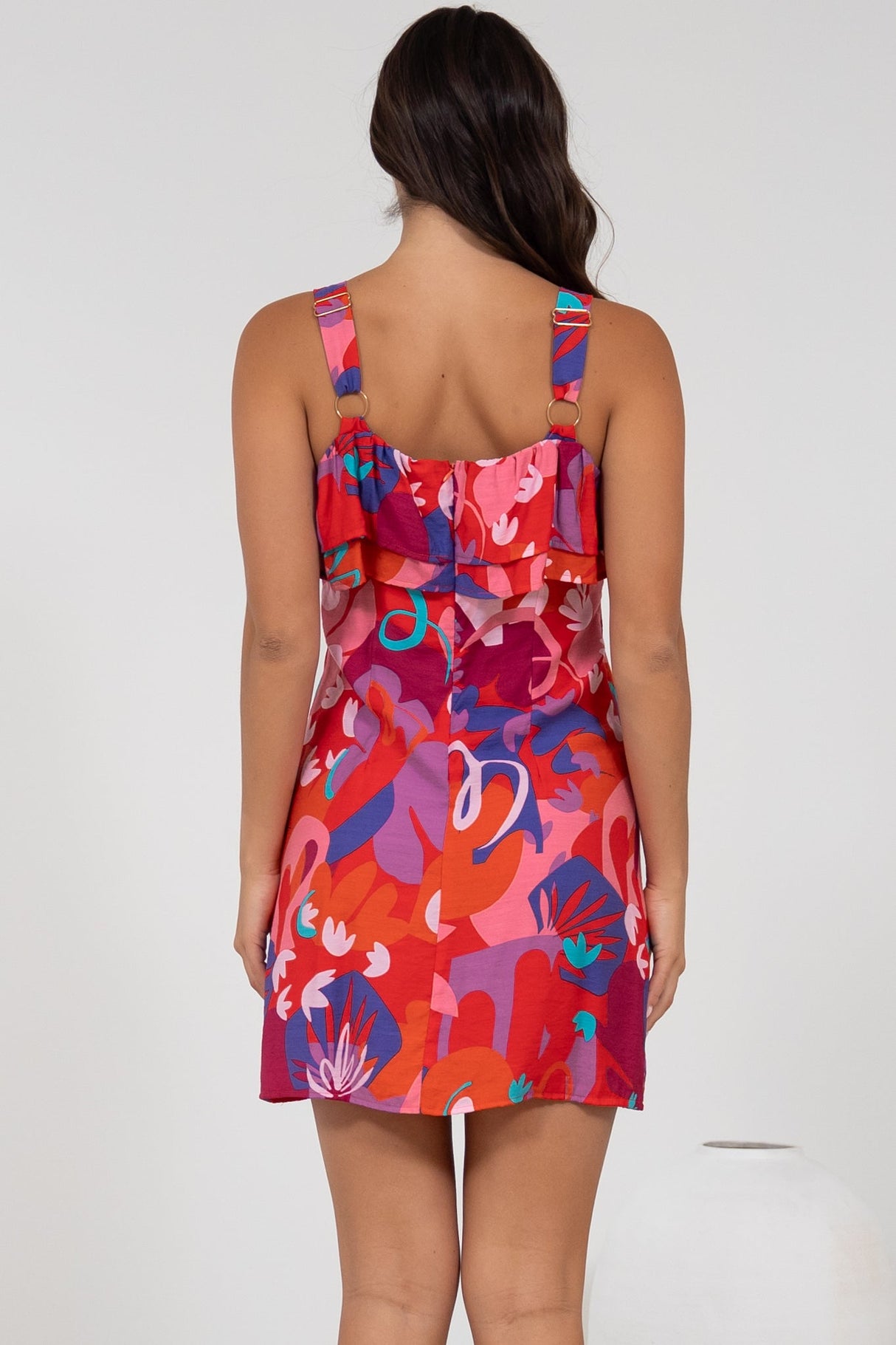 Brinley Mini Dress - Adjustable Strap Dress with Frill Layer Overlay on Bodice in Talina Print