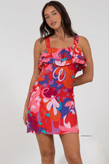 Brinley Mini Dress - Adjustable Strap Dress with Frill Layer Overlay on Bodice in Talina Print