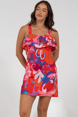 Brinley Mini Dress - Adjustable Strap Dress with Frill Layer Overlay on Bodice in Talina Print