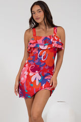 Brinley Mini Dress - Adjustable Strap Dress with Frill Layer Overlay on Bodice in Talina Print
