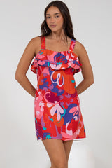 Brinley Mini Dress - Adjustable Strap Dress with Frill Layer Overlay on Bodice in Talina Print
