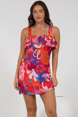 Brinley Mini Dress - Adjustable Strap Dress with Frill Layer Overlay on Bodice in Talina Print