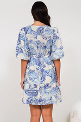 Brioni Mini Dress - V-Neck Buttoned Bodice Dress with Waist Tie in Faith Print