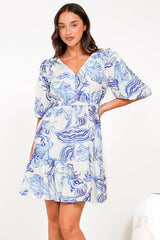 Brioni Mini Dress - V-Neck Buttoned Bodice Dress with Waist Tie in Faith Print