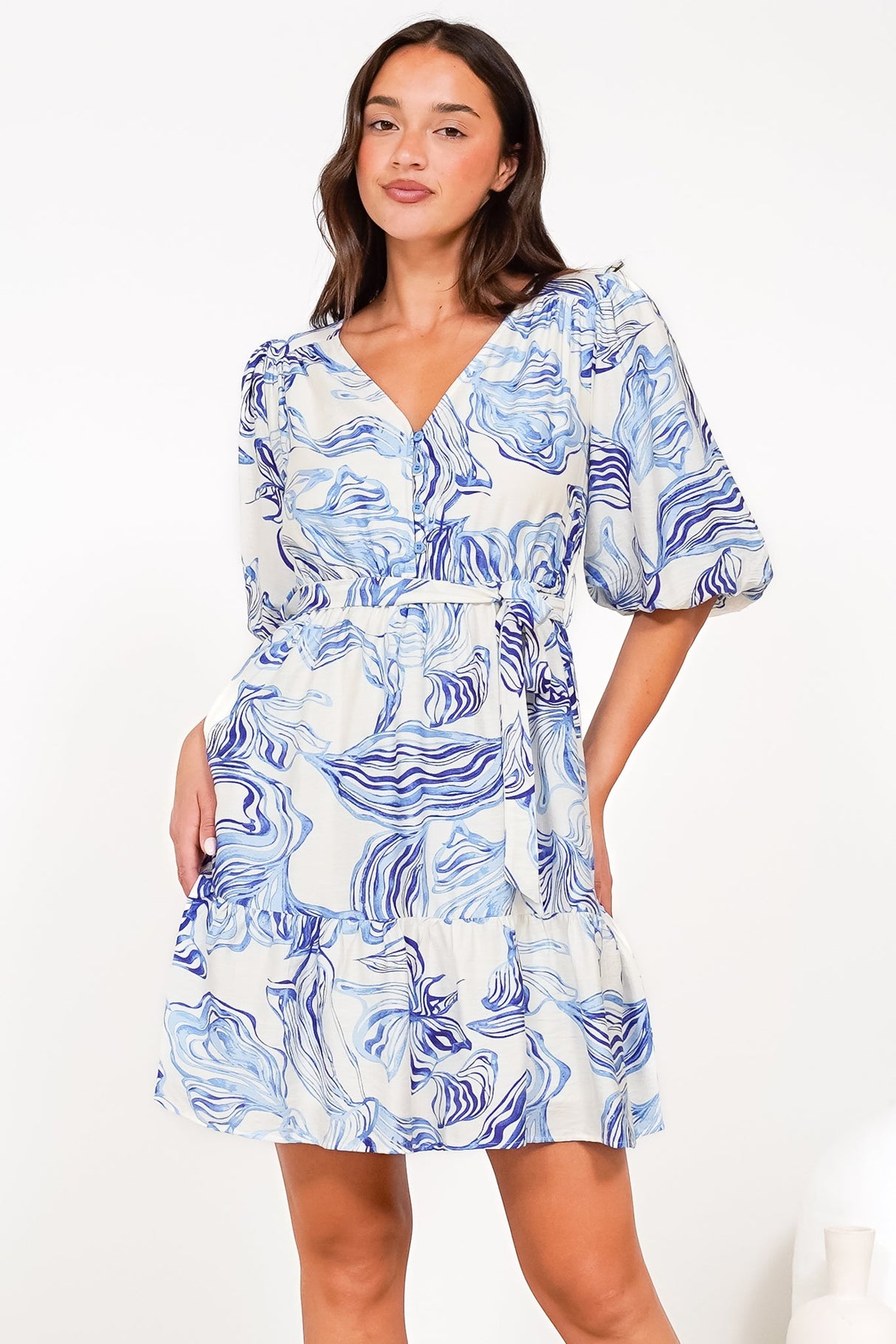 Brioni Mini Dress - V-Neck Buttoned Bodice Dress with Waist Tie in Faith Print