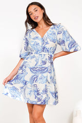 Brioni Mini Dress - V-Neck Buttoned Bodice Dress with Waist Tie in Faith Print