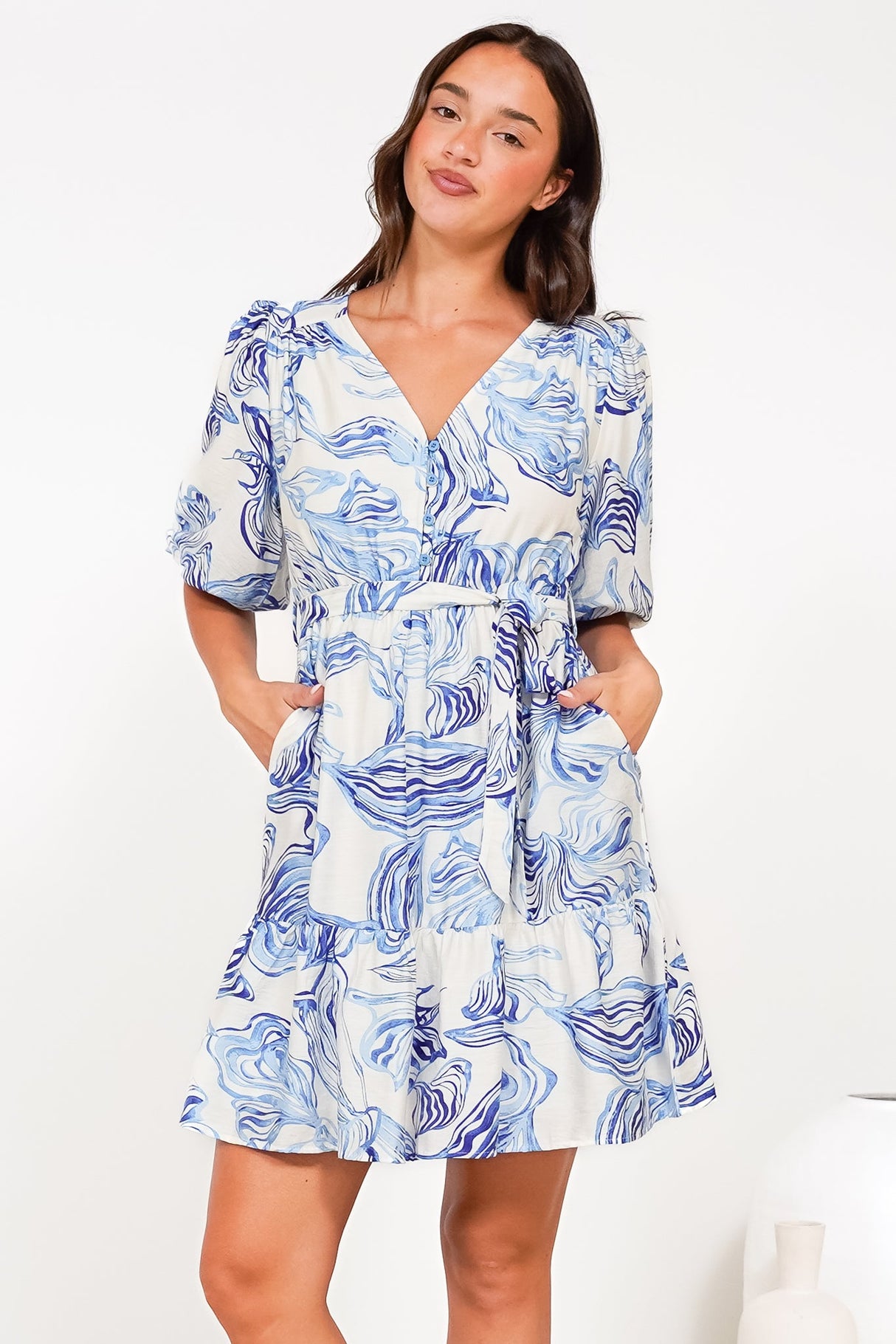 Brioni Mini Dress - V-Neck Buttoned Bodice Dress with Waist Tie in Faith Print