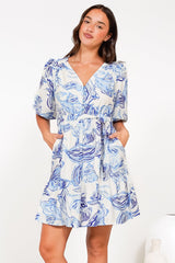 Brioni Mini Dress - V-Neck Buttoned Bodice Dress with Waist Tie in Faith Print