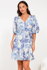 Brioni Mini Dress - V-Neck Buttoned Bodice Dress with Waist Tie in Faith Print