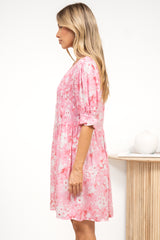 Brissa Mini Dress - V-Neck Shirred Bodice Balloon Sleeve Dress in Katarina Print