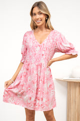 Brissa Mini Dress - V-Neck Shirred Bodice Balloon Sleeve Dress in Katarina Print