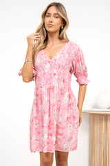 Brissa Mini Dress - V-Neck Shirred Bodice Balloon Sleeve Dress in Katarina Print