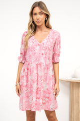 Brissa Mini Dress - V-Neck Shirred Bodice Balloon Sleeve Dress in Katarina Print
