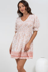 Brissa Mini Dress - V-Neck Shirred Bodice Balloon Sleeve Dress in Narelle Print