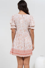 Brissa Mini Dress - V-Neck Shirred Bodice Balloon Sleeve Dress in Narelle Print