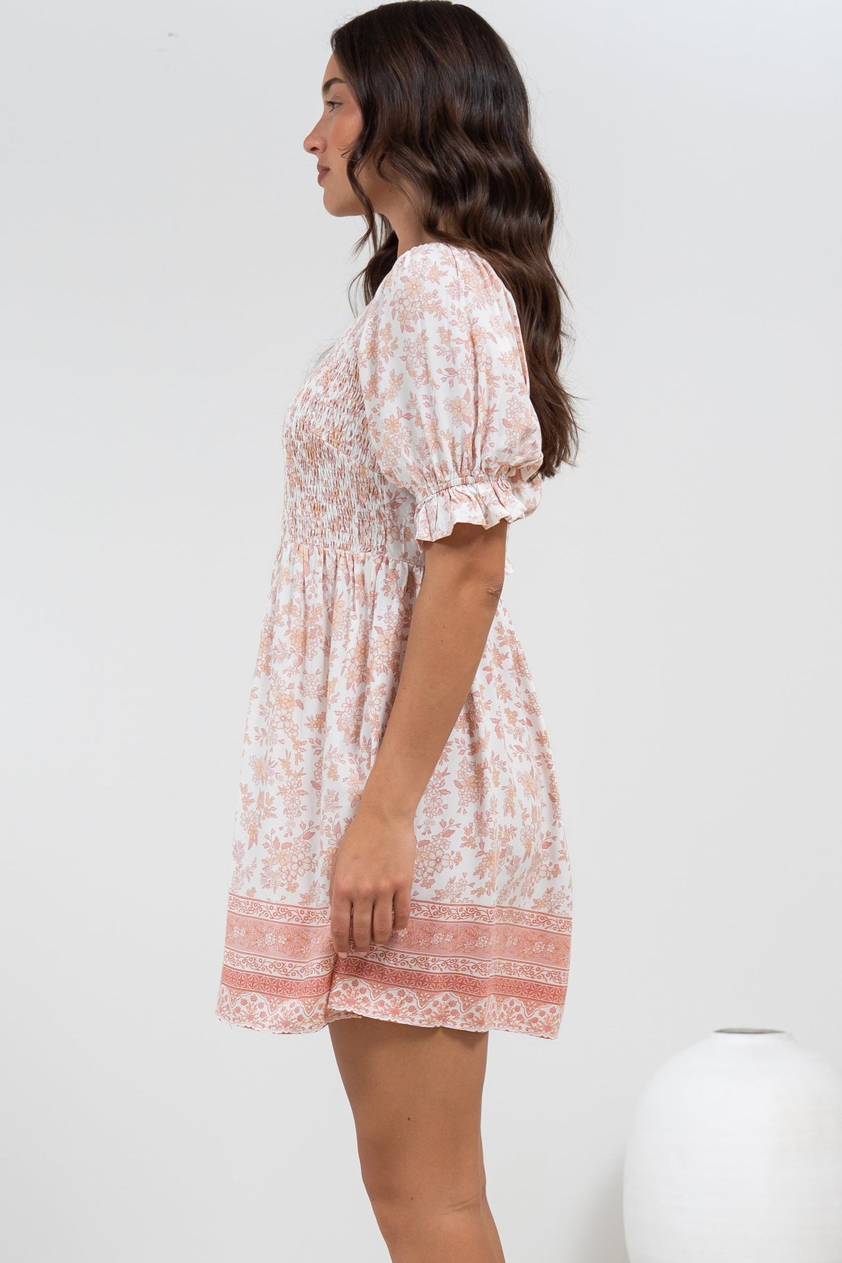 Brissa Mini Dress - V-Neck Shirred Bodice Balloon Sleeve Dress in Narelle Print