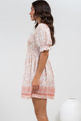 Brissa Mini Dress - V-Neck Shirred Bodice Balloon Sleeve Dress in Narelle Print