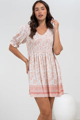 Brissa Mini Dress - V-Neck Shirred Bodice Balloon Sleeve Dress in Narelle Print