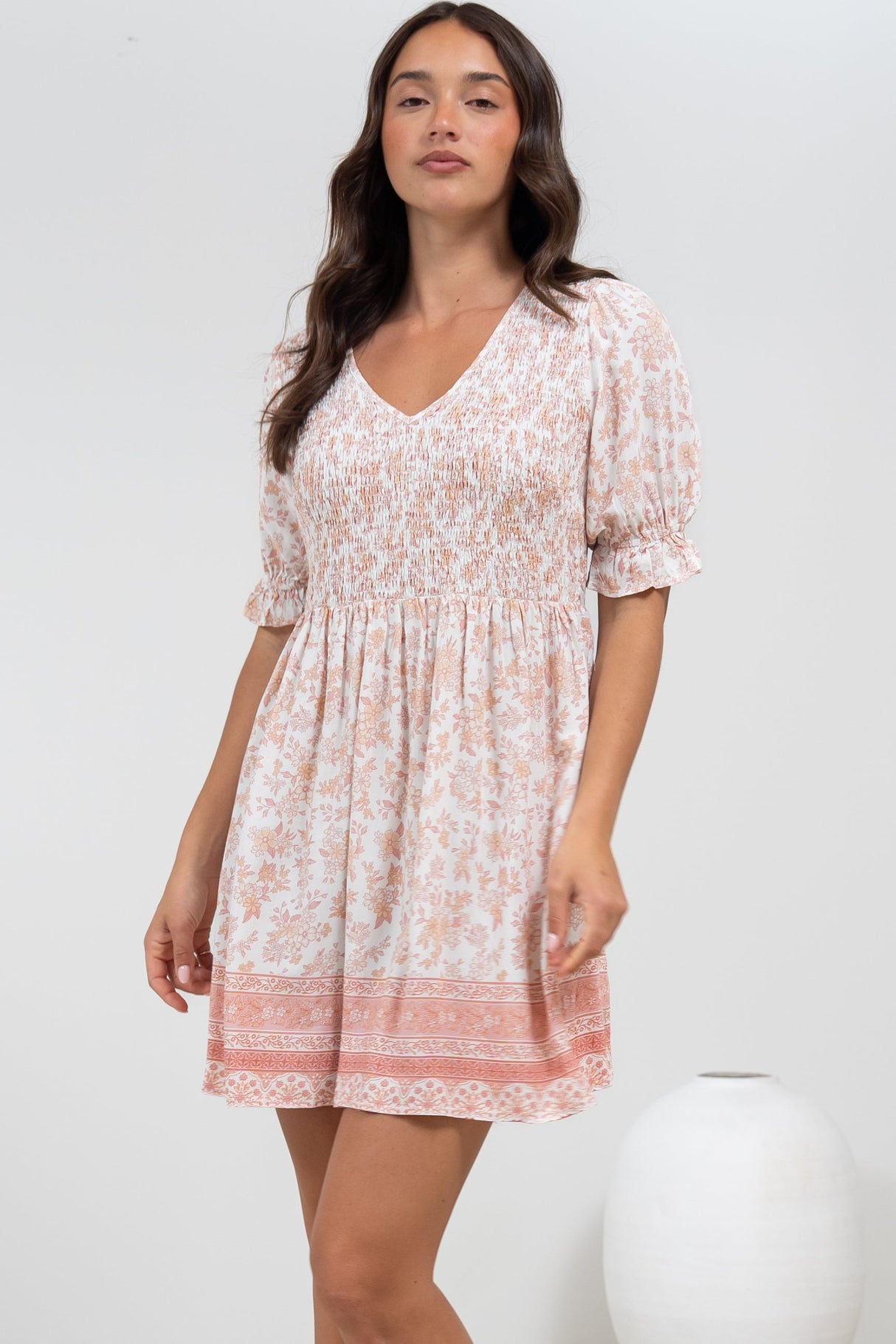 Brissa Mini Dress - V-Neck Shirred Bodice Balloon Sleeve Dress in Narelle Print