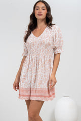 Brissa Mini Dress - V-Neck Shirred Bodice Balloon Sleeve Dress in Narelle Print