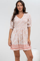 Brissa Mini Dress - V-Neck Shirred Bodice Balloon Sleeve Dress in Narelle Print
