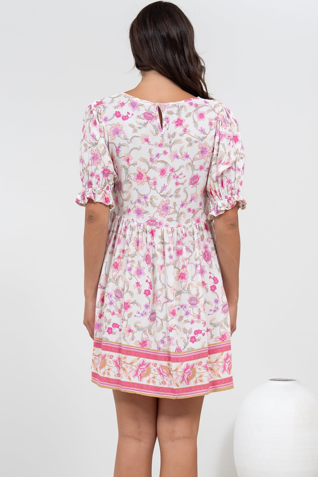 Brissa Mini Dress - V-Neck Shirred Bodice Balloon Sleeve Dress in Scarlette Print
