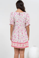Brissa Mini Dress - V-Neck Shirred Bodice Balloon Sleeve Dress in Scarlette Print