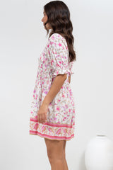 Brissa Mini Dress - V-Neck Shirred Bodice Balloon Sleeve Dress in Scarlette Print