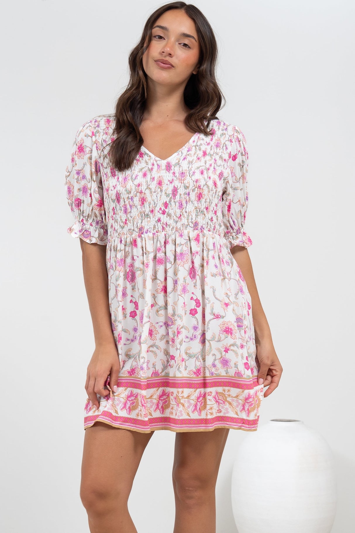 Brissa Mini Dress - V-Neck Shirred Bodice Balloon Sleeve Dress in Scarlette Print