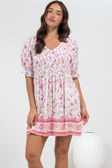 Brissa Mini Dress - V-Neck Shirred Bodice Balloon Sleeve Dress in Scarlette Print
