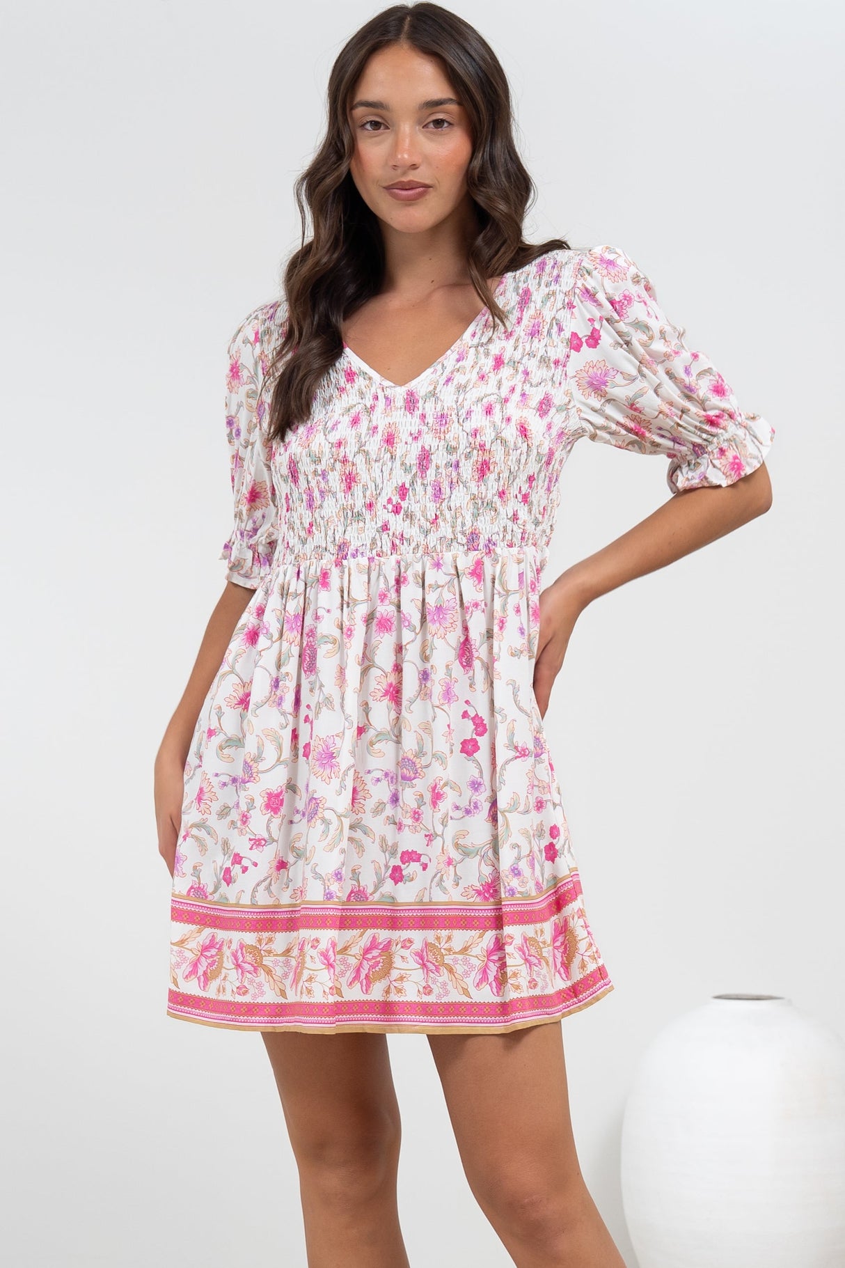 Brissa Mini Dress - V-Neck Shirred Bodice Balloon Sleeve Dress in Scarlette Print