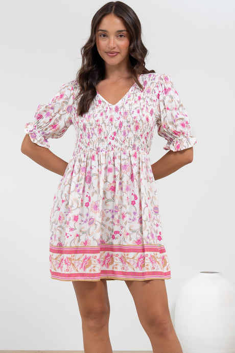 Brissa Mini Dress - V-Neck Shirred Bodice Balloon Sleeve Dress in Scarlette Print